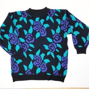 Erika Vintage Purple Rose Crew Neck Sweater Medium 90s Y2K